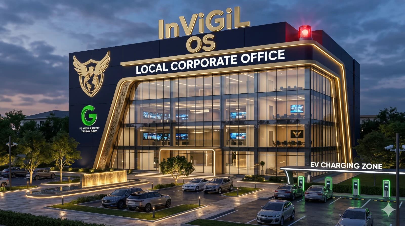 InViGiL OS Local Corporate Office building at dusk with EV charging zone