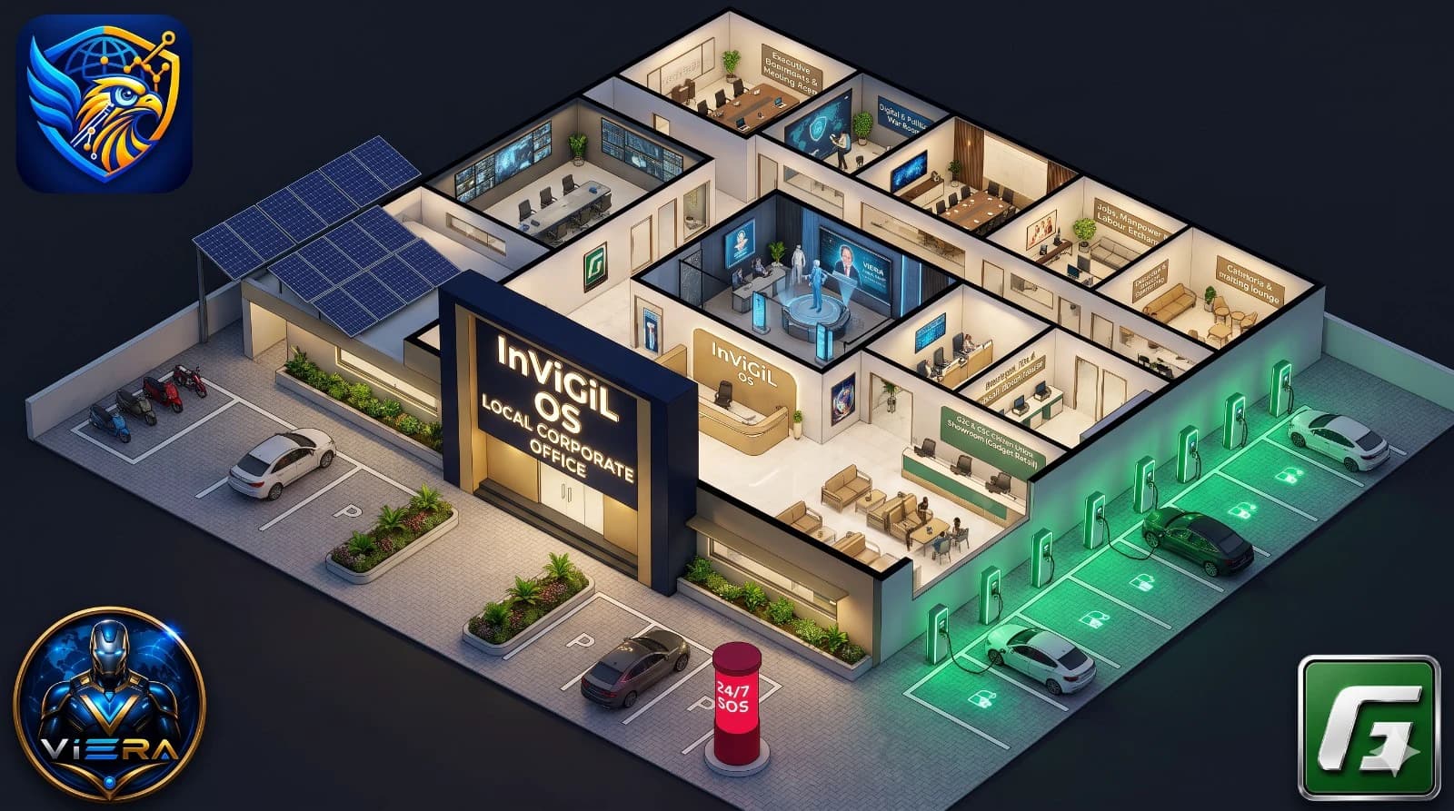 Cut-away view of an InViGiL OS office with a ViERA experience room and EV charging bays